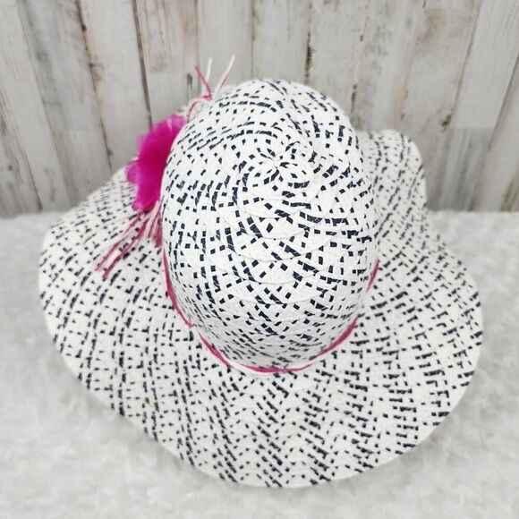 Wide Brim Floral Floppy Paper Sun Hat White & Black - Picture 5 of 8